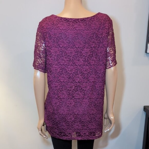 3/$20 Reitmans Purple Scoop Neck Lace Blouse Short Sleeve Pleated Top - Picture 6 of 9